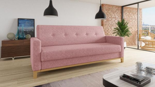 Sofa Wood mit Schlaffunktion - Schlafsofa mit Bettkasten, Bettsofa, Massivholz, Polstersofa mit Holzfüße (Pink (Twist 16))