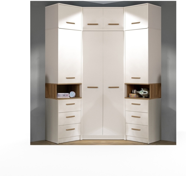 Marmex Möbel Grant Set 14N Ein Schrank-Set, zwei Büchrregale, Eckkleiderschrank, Schlafzimmer-Set, laminierte Spanplatte, weiß+riviera Eiche, 143x235x143 cm