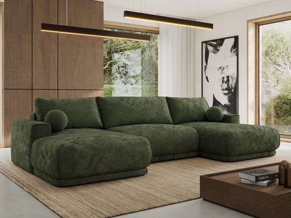 XXL Wohnlandschaft RINA U-Form 360 cm breit, Sofa mit Schlaffunktion & DL-Mechanismus, Wellenfederung, modern freistehend - Dunkelgrün Schenille glatt