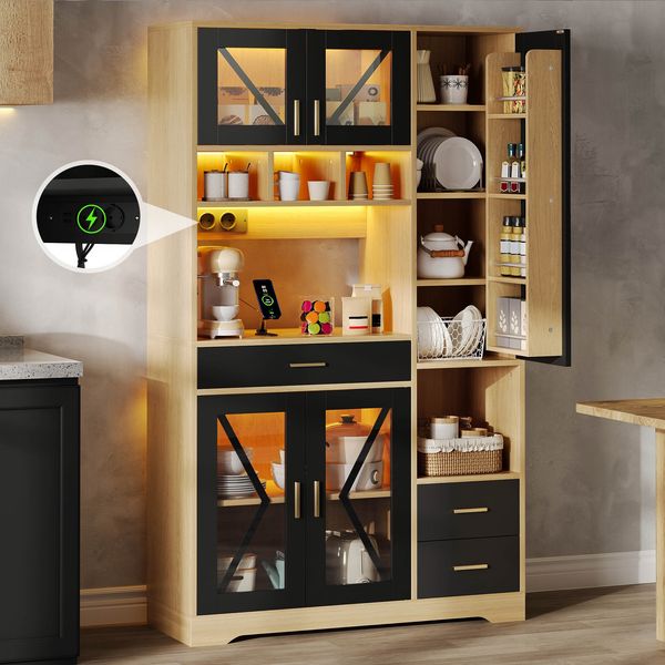 Küchenschrank im Scheunenstil, hoher Aufbewahrungs- und Vitrinenschrank mit verstellbaren Einlegeböden, Schublade, farbwechselnder LED-Beleuchtung und Steckdosen, 185 × 105 × 40 cm.