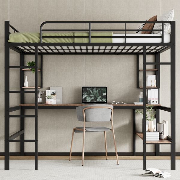 Hochbett 140x200 cm, Metallgestell mit Rausfallschutz, integrierter Schreibtisch und großes Bücherregal, Schwarz