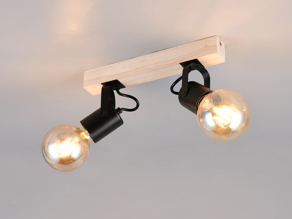 Deckenstrahler LYNAR 2-flammig aus Metall Schwarz mit Naturholz, Breite 31cm