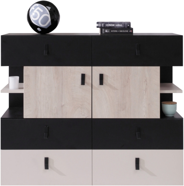 Kommode Cinga 08 (Farbe: Schwarz / Eiche + Beige)