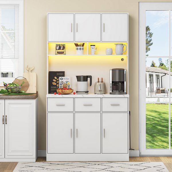 Küchenschrank mit LED-Beleuchtung, 100x40x180 cm, 3 Schubladen & USB-Anschluss, Weiß