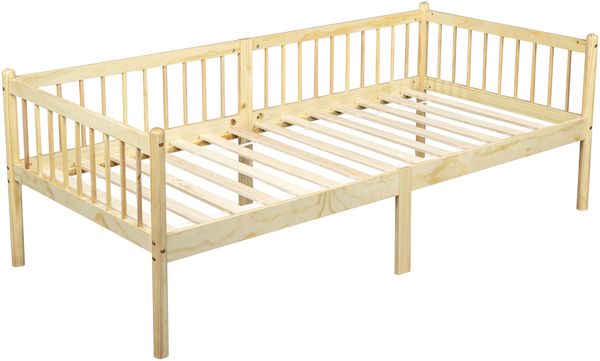 Flieks Einzelkinderbett 90 × 200 cm aus Kiefernholz, Tagesbett & Einzelbett mit 3-seitigem Schutzgitter, 14 Latten, hoher Bodenfreiheit und Stauraum, Natur