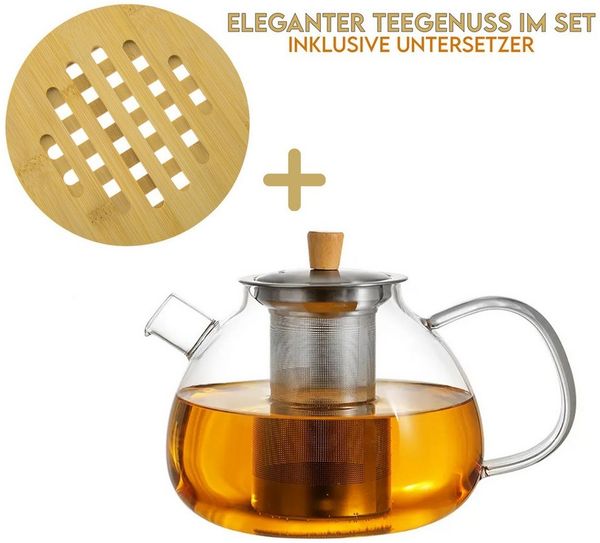 hausleben Teekanne Glas mit Edelstahl-Sieb Untertelle 1,5 Liter, (1-St), Bambus Unterteller Tropffrei, Hitzebeständig, Spülmaschinenfest