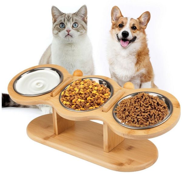SURFOU Napf-Set Hundenapf, Katzennapf, Höhe Verstellbar Futternapf Katze Erhöht 3-tlg, Fressnapf Futterbar, Höhenverstellbarer Katzennapf mit Holzständer – 3 Edelstahl-Schüsseln für Wasser & Futter, erhöhter Fressnapf für Katzen, Futternapf Hund, Katze...