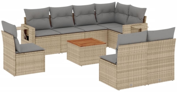 vidaXL 9-tlg. Garten-Sofagarnitur mit Kissen Beige Poly Rattan 3224603