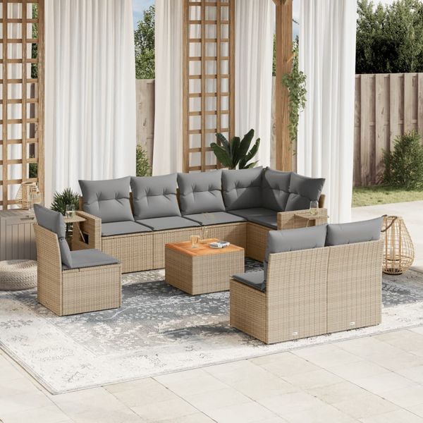 vidaXL 9-tlg. Garten-Sofagarnitur mit Kissen Beige Poly Rattan 3224603