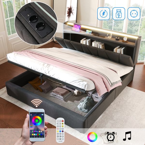 Polsterbett Doppelbett 160x200 cm mit USB-Ladefunktion, Stauraum-Kopfteil, LED-Beleuchtung und Lattenrost, Grau