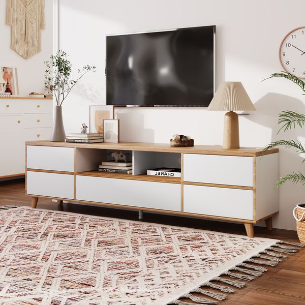 TV-Lowboard 175 cm in Weiß und Holzoptik, modernes TV-Gerätemöbel mit 4 Türen und 2 offenen Fächern