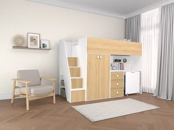 Vente-unique - LANILATO Bett Holz, Platte BeigeWeiß - B 97,5 cm x H 160,3 cm x L 235,1 cm