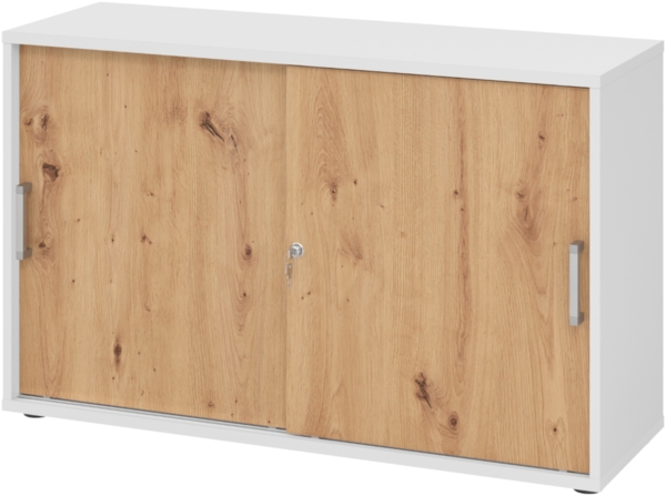 bümö Schiebetürenschrank 2OH - Aktenschrank abschließbar, Sideboard Schrank mit Schiebetüren in Weiß/Asteiche, Chromgriff - Büroschrank aus Holz mit Schiebetür, Büro Kommode für Ordner & Co, 1752S-W-R-CE