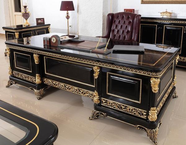 Casa Padrino Luxus Barock Büromöbel Set Bordeauxrot / Schwarz / Gold - 1 Barock Schreibtisch & 1 Barock Chesterfield Bürostuhl mit edlem Kunstleder - Prunkvolle Barock Büromöbel