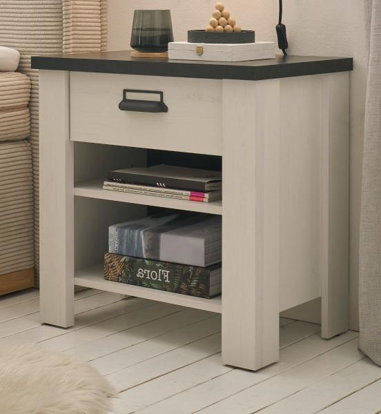 Nachttisch Stove in weiß Pinie und anthrazit Landhaus 60 x 61 cm