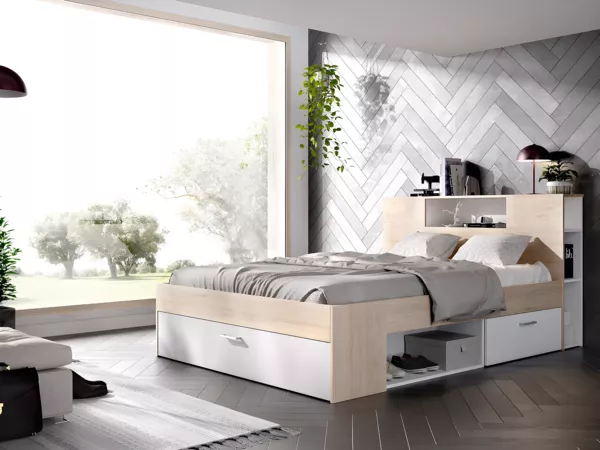 Vente-unique - LEANDRE Bett Holz, Platte BeigeWeiß - B 169,5 cm x H 95 cm x L 228,5 cm