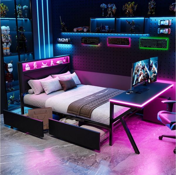 REDOM Hochbett Gaming-Plattformbett (LED-Schreibtisch,zwei Schubladen, Schwarz, 1-St, 253 × 145 × 111 cm)
