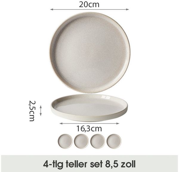 JIWOO Speiseteller 4er Ø20cm, Steakteller Pastateller Salatteller Brotteller Teller, (4 St), Plate Hochwertige Keramik Tellerset Weiß Mikrowellen spülmaschinenfest