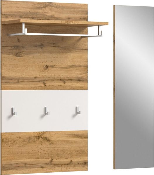 Home affaire Garderobenpaneel AOSTA, 2 teilig, inkl. Spiegel, 3 Haken, Ablageboden (2 St, in verschiedenen Farbausführungen erhältlich, individuell kombinierbar), Paneel, Spiegel, Set, Flurgarderobe, Wandgarderobe, Wandpaneel