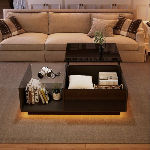 Merax Couchtisch höhenverstellbar Sofatisch mit Hebefunktion und Stauraum (1-St, 100x50x (33-46.5) cm), Beistelltisch Wohnzimmertisch mit Hochglanz-Oberfläche und LED