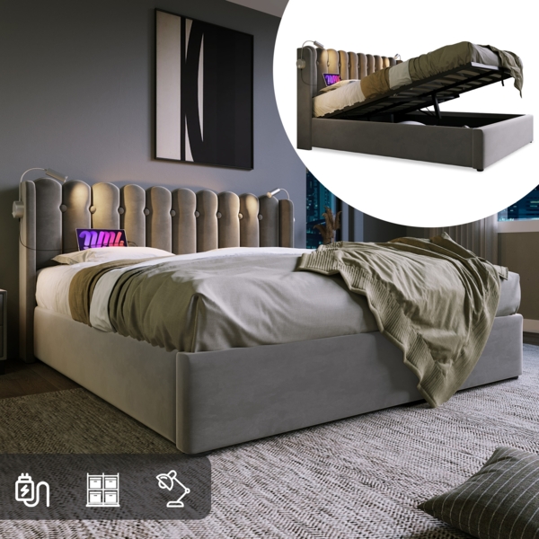 Polsterbett mit Leselampe,USB-Ladefunktion,Stauraum,grauer Samt,160x200 cm