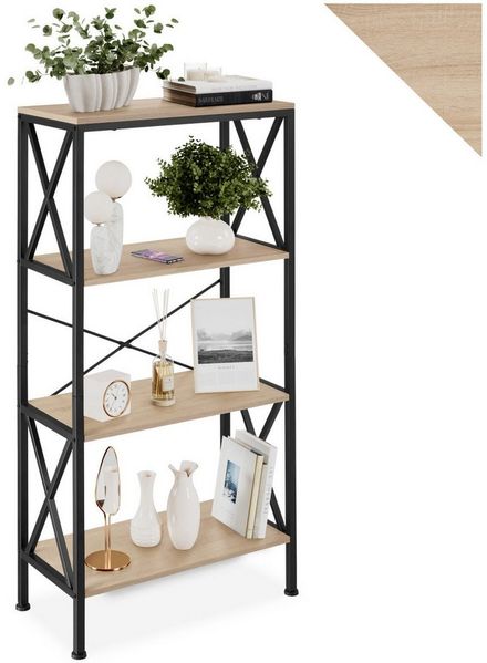 tectake Bücherregal Standregal, 4 Ebenen, inklusive Kippschutz, 61,5 x 31,5 x 133,5 cm, Holzregal Barry 1-tlg, mit seitlichen X-Streben, mit höhenverstellbaren Kunststofffüßen