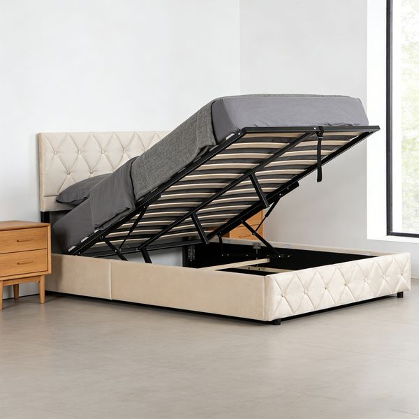 MODFU Polsterbett aus Samt mit stabiler Rahmenkonstruktion, Beige, 160x200 cm