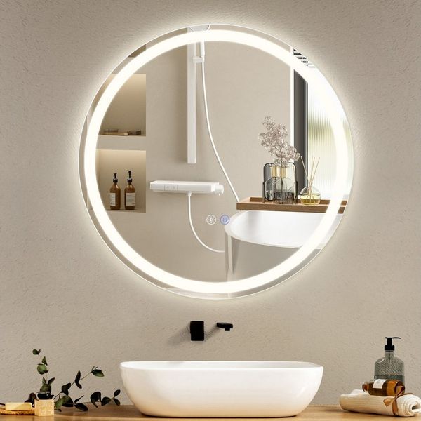 Nettlife Schminkspiegel Rund mit Beleuchtung Touch Dimmbar Badspiegel 3000-6500K Wandspiegel, Dimmbar mit Touch-Schalter und Entfogger-Funktion