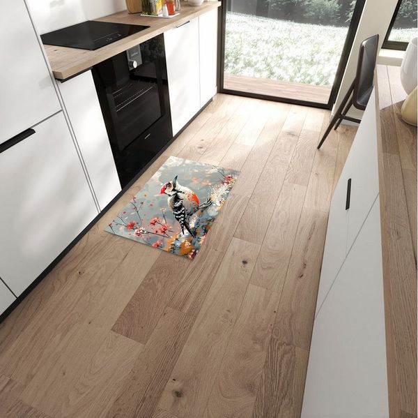 Primedeco Teppich Küchenteppich Specht zwischen Blumen PVC rutschfest abwaschbar Läufer, Rechteckig, Höhe: 3 mm, Pflegeleicht & Wasserabweisend