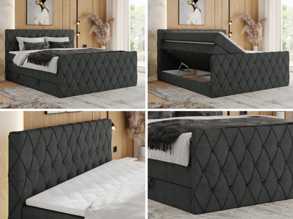Boxspringbett, Doppelbett mit Fußteil, Multipocket-Matratzen und Topper, gestepptes Kopfteil und Front - MIREN KING DUO - 120 x 200 cm - Dunkelgrau Stoff - H4 Bild 2