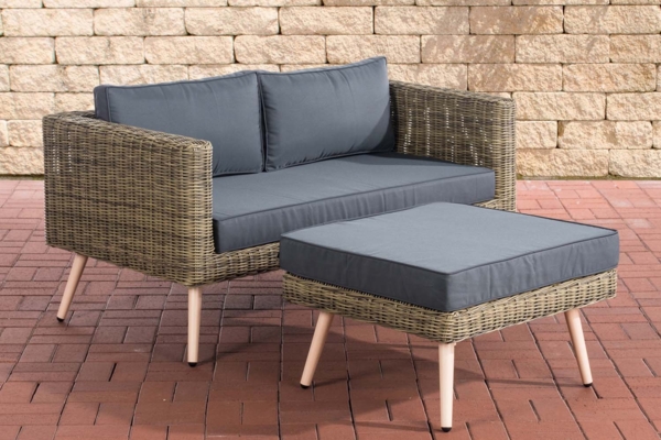CLP Polyrattan 2er Sofa Molde mit Fußhocker Rundrattan natura,eisengrau 40 cm (Hellbraun)