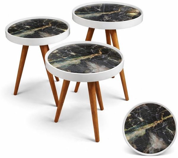 HOOZ Beistelltisch SSatztisch 3er Set Beine Holz rund Ø 38cm, Höhen: 47/ 53/ 59cm Schwarz (Set, 3-St, 3× Sofatisch), Platzsparendes 3er Couchtisch Set – flexibel ineinander schiebbar