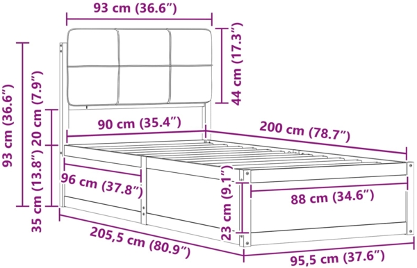 vidaXL Bettgestell mit gepolstertem Kopfteil Schwarz 90x200 cm 877726 Bild 10