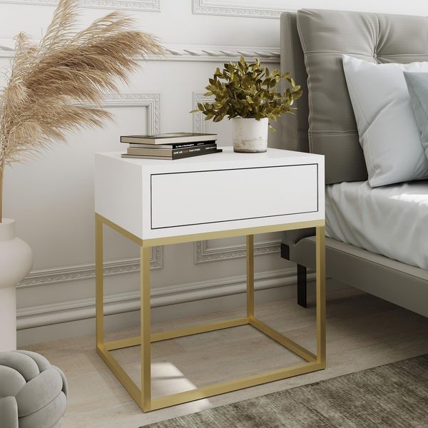 AX LIVING Nachttisch Kommode Aleio Weiß, goldenes Metallgestell 45 cm