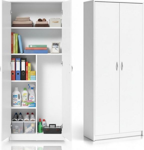 Home Collective Mehrzweckschrank Haushaltsschrank Besenschrank weiß 74cm Breite 180cm Höhe mit Einlegeböden und Extra-Fach, Schrank Organizer aus MDF Holz