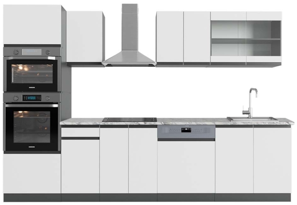 Küchenzeile R-Line Weiß/Anthrazit 300 cm J-Shape mit Hochschrank, AP Marmor Vicco