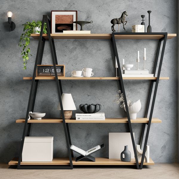 Flieks geometrisches Stehregal 158 x 35 x 166 cm, Bücherregal mit Metallrahmen, 4 Böden, 25mm MDF, Kippschutz, Eiche/Schwarz