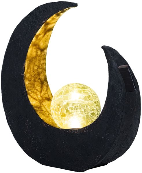 LED Solarlampe, Halbmond, schwarz gold, Glaskugel, H 30,5 cm