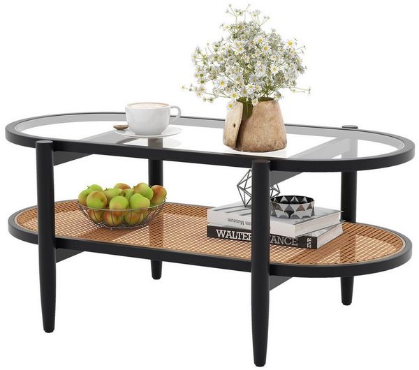 COSTWAY Couchtisch, Glas, Rattan, Holz Sofatisch mit Stauraum, 102 x 56 x 47 cm