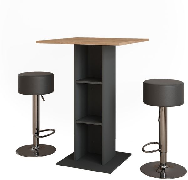 Bartisch-Set Repose Goldkraft Eiche/Anthrazit 75 x 75 cm mit 2 Barhockern Vicco