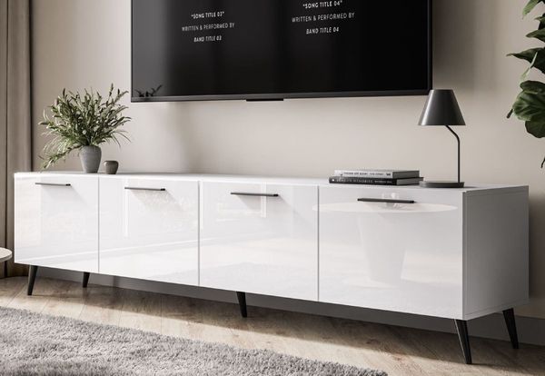 ALLHOUSE24 TV-Schrank LOGANTE 200 cm weiß Hochglanz/weiß mit Griffen Unterschrank Lowboard Breite 200 cm