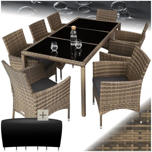tectake Sitzgruppe Rattan Gartenlounge für 8 Personen, inklusive Schutzhülle, (Loungeset Almansa, 9-tlg, für Außen in Naturfarben/Dunkelgrau), widerstandsfähig, UV-beständig, mit Sicherheitsglasplatten