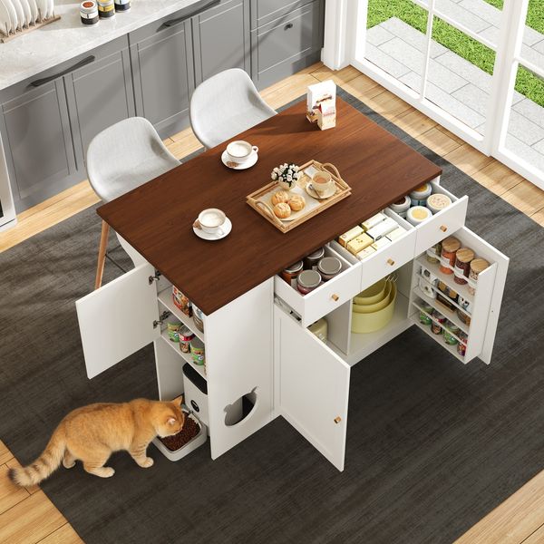 Kücheninsel, Küchenwagen & Sideboard mit Schubladen – mit ausziehbarer Arbeitsplatte, Würzregal, Haustierfressbereich (ohne Katzensteller), Weiß + Nussbaumfarbe, 120×(40+30)×90 cm