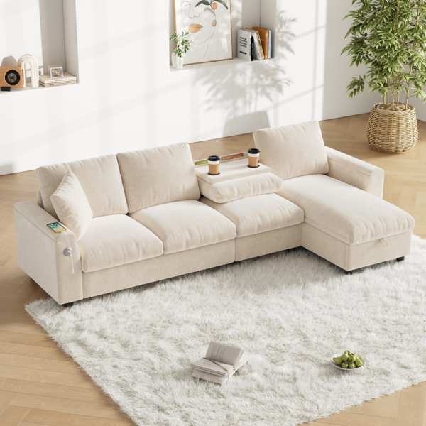 Ecksofa Schlafsofa mit Stauraum ausklappbarer Tisch Chenille Stoff beige L Form