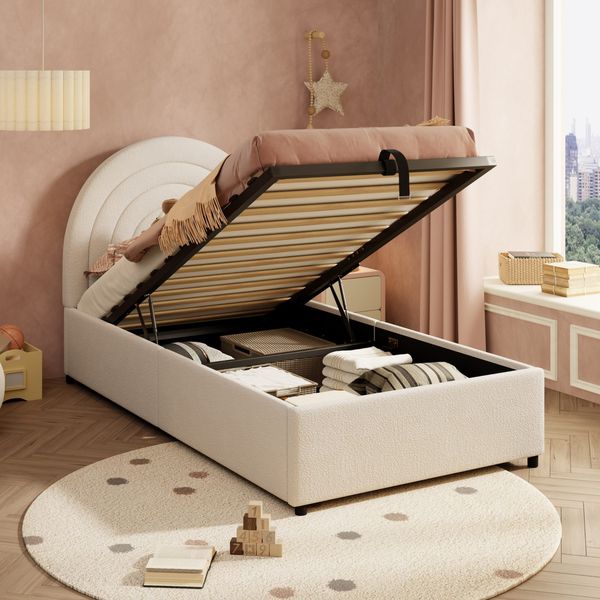 Kinderbett mit Stauraum und Kopfteil, 90x200 cm, Polsterbett mit Lattenrost, Einzelbett, Boucle