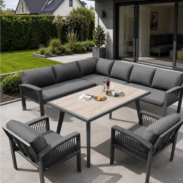 Celya Gartenlounge-Set Gartenlounges Balkon, Gartenmöbel Set für 8 Personen, Seilwerk, (mit verzinktem Eisengestell, verstellbare Beine, alle Sitz- und Rückenkissen inklusive, Grau), Möbelset für 8 Personen, Seilwerk, großer Tisch mit Holzmaserung
