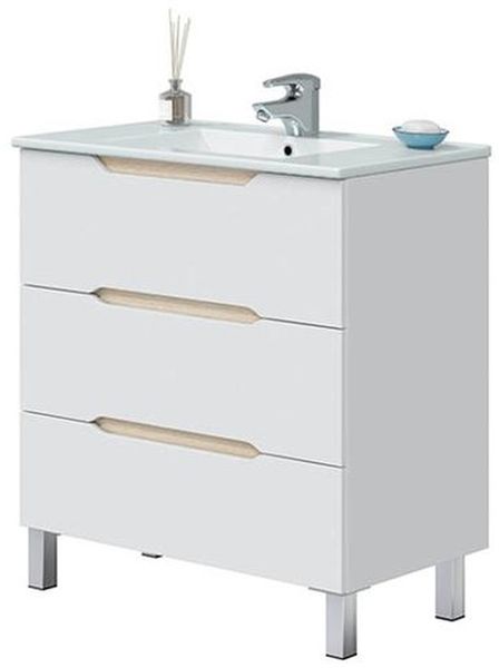 Waschtisch >LEA< in Weiß glänzend / Eiche Dekor - 80x86x45 (BxHxT)