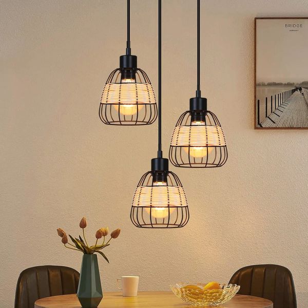 ZMH Schwarze runde Pendelleuchte, 3-flammig, E27, Vintage, rustikales Rattan, Durchmesser 25 cm, Retro-Wohnzimmerlampe für Esszimmer und Küche