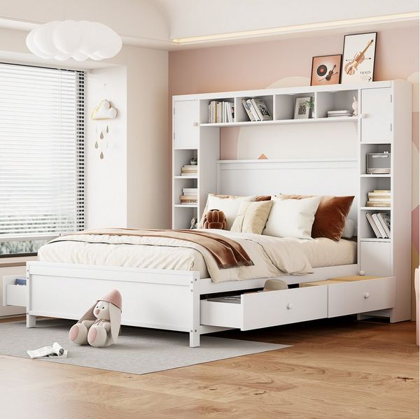 Flieks Massivholzbett, Doppelbett 140x200cm mit 4 Schubladen und Stauraum-Kopfteil
