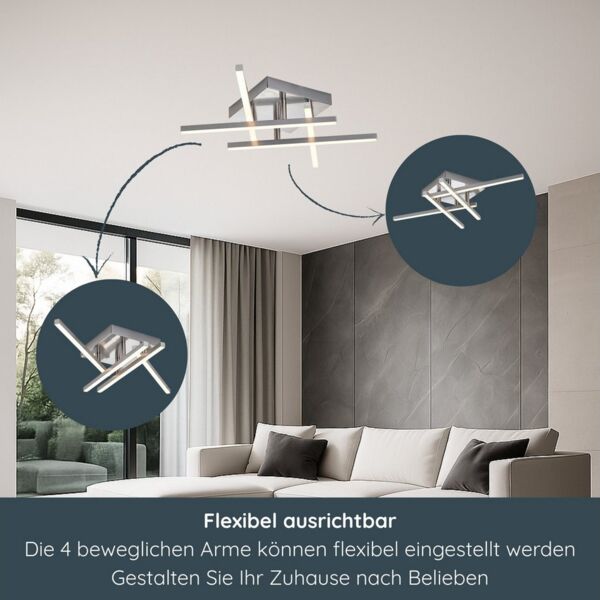 MeLiTec LED Deckenleuchte D121, warmweiß, nickel matt, aus Metall, verstellbare Arme, moderne Deckenlampe eckig